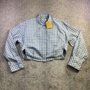 Sandro Paris Blue White Plaid Long Sleeve Cropped Cutout Cotton Shirt Size 2 NWT